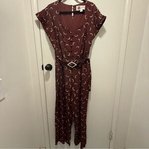 Bus Stop x Joanie Burgundy Retro Crescent Moon Patterned Wide Leg Jumpsuit